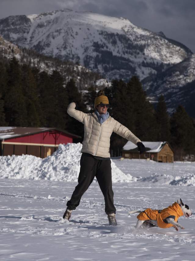 Dog playing fetch on ice of Grand Lake
