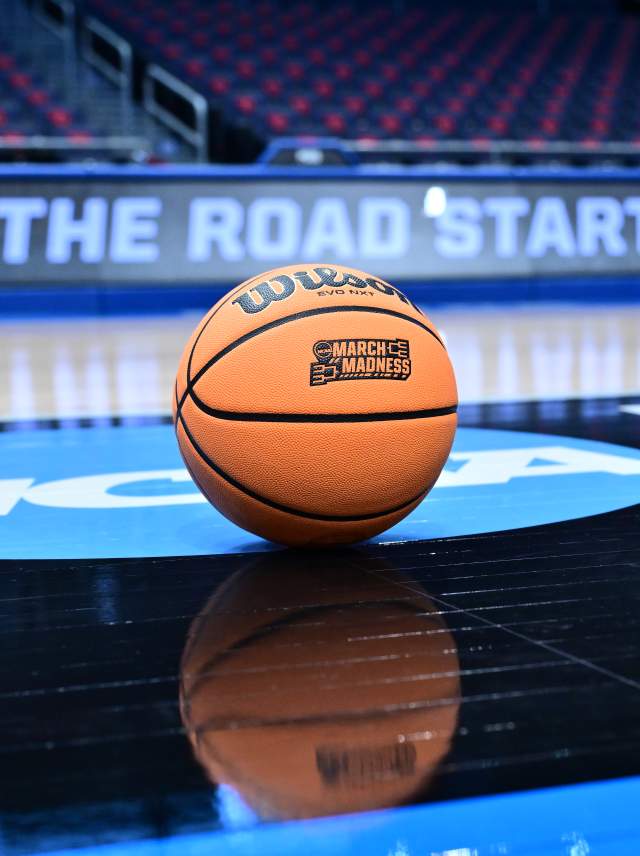 NCAA First Four promo photo showing a basketball on a court