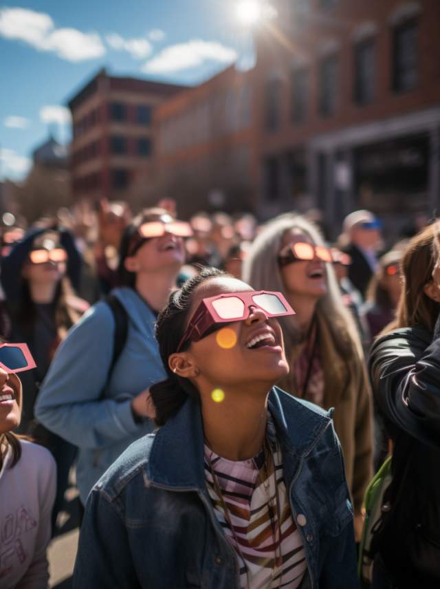 A group of individuals, wearing eclipse viewing glasses, who are looking skyward to view a solar eclipse