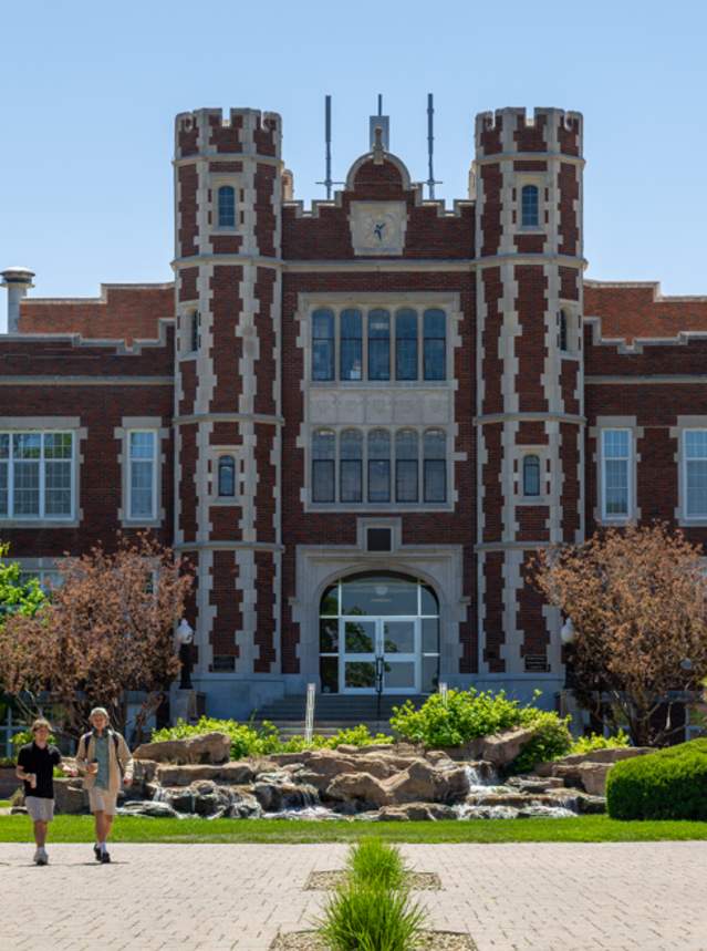 Exterior photo of the front of Pioneer Hall on the campus of Kansas Wesleyan.
