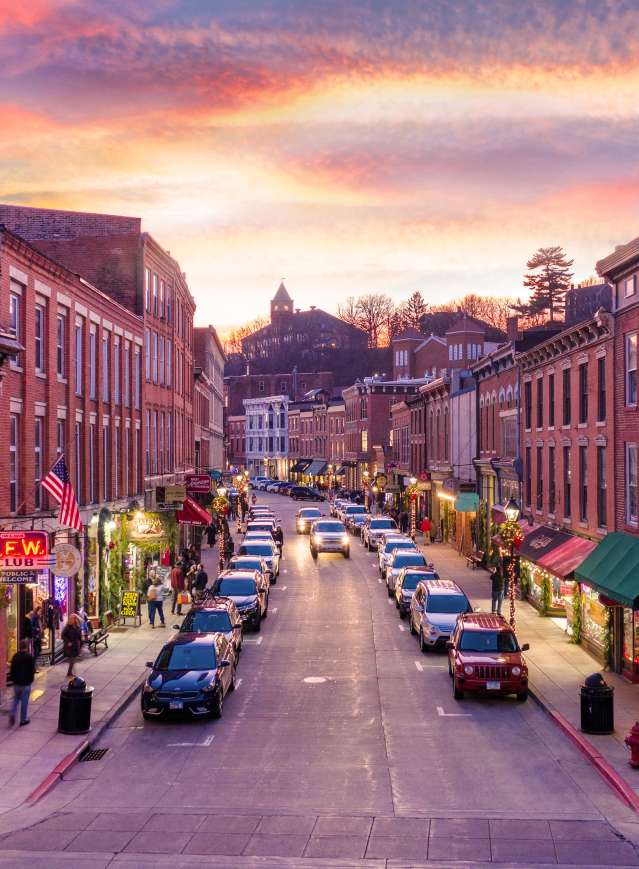Drone image of Main Street in Galena as the sun is setting.