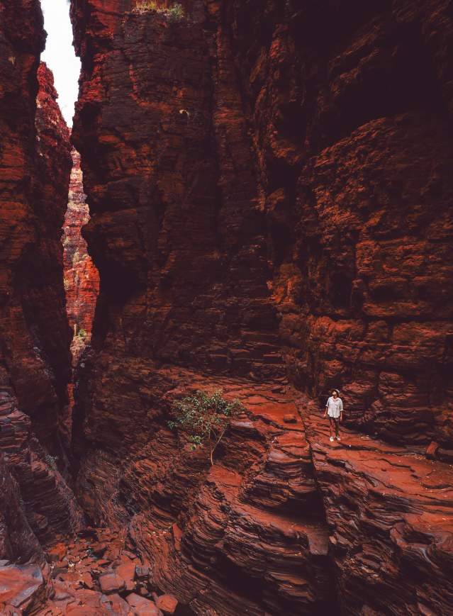 Woman walking through Knox Gorge in Karijini National Park, with towering red rock gorge walls