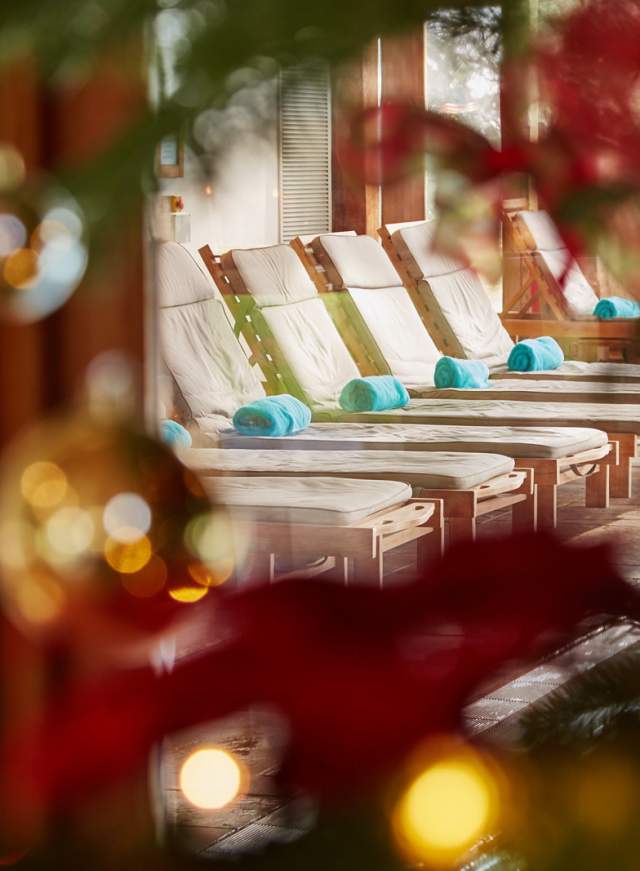 A row of loungers in the spa at Bailiffscourt Hotel, Sussex