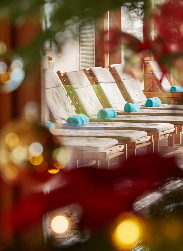 A row of loungers in the spa at Bailiffscourt Hotel, Sussex