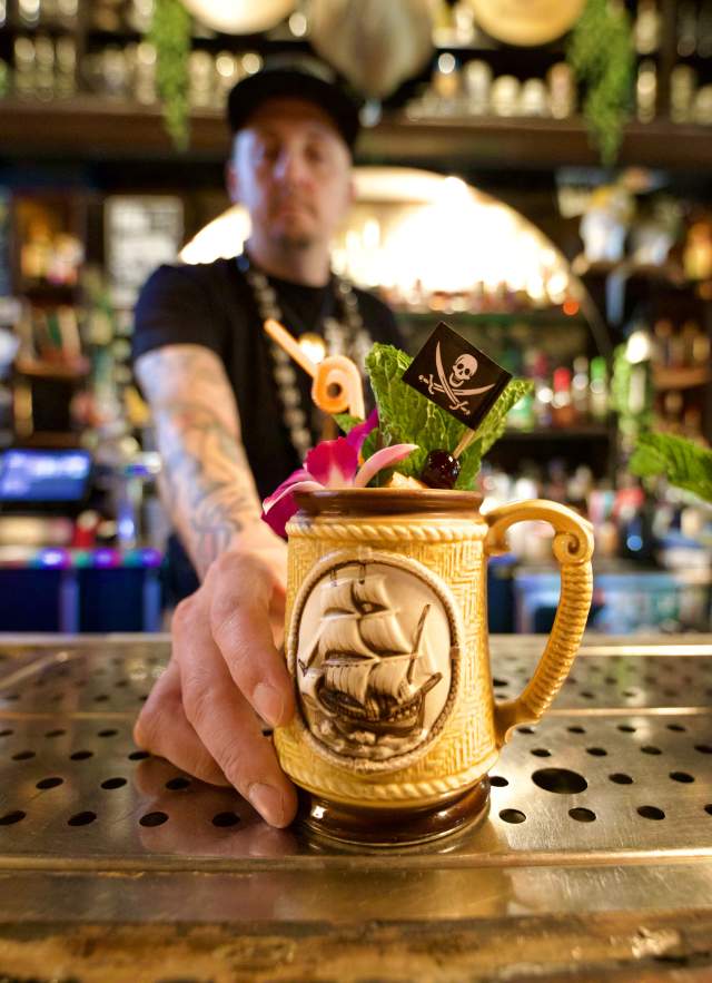 Mobile Tiki week drink served by Trader Roy in The Haberdasher