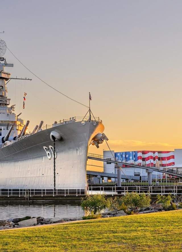 A docked battleship destroyer during sunset