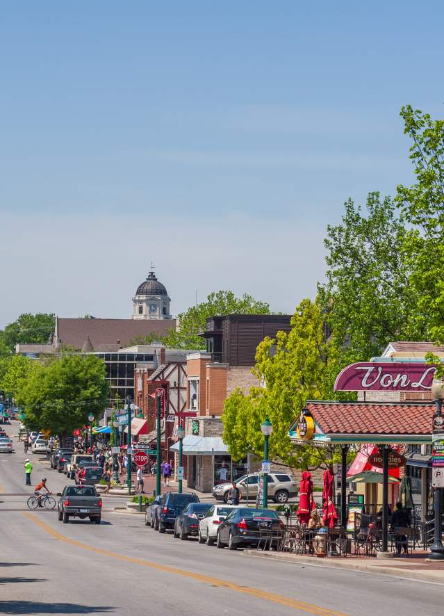 Downtown Bloomington view of Kirkwood Avenue in the spring