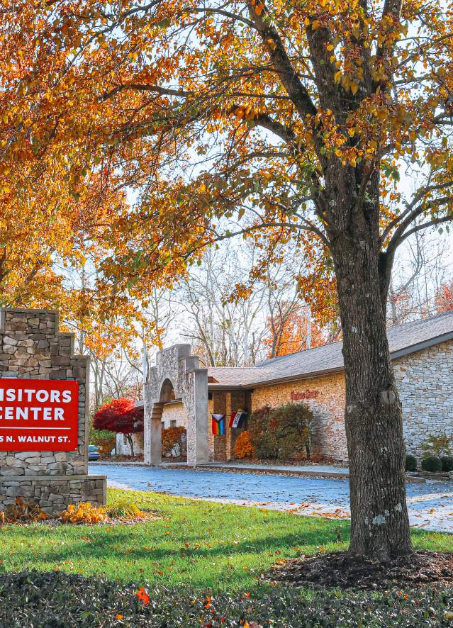 Exterior of the Bloomington Visitors Center on a fall day
