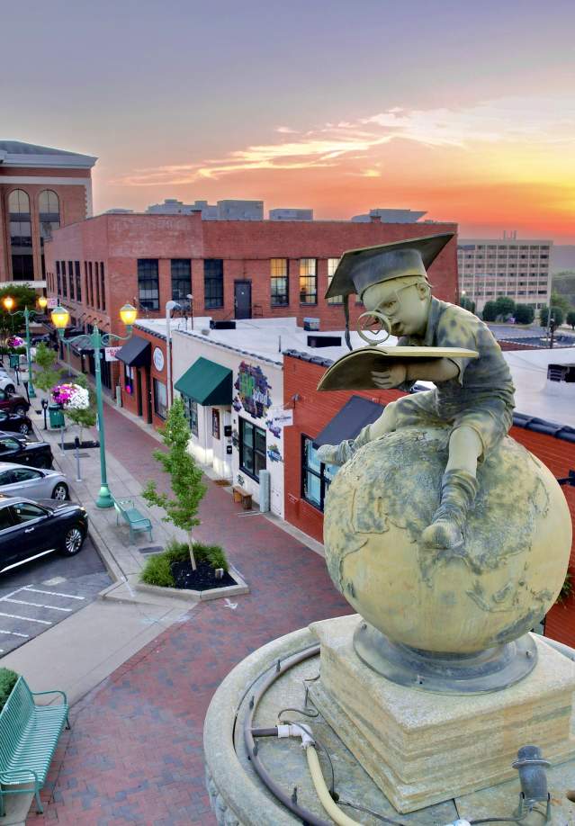 aerial photo of downtown at sunset