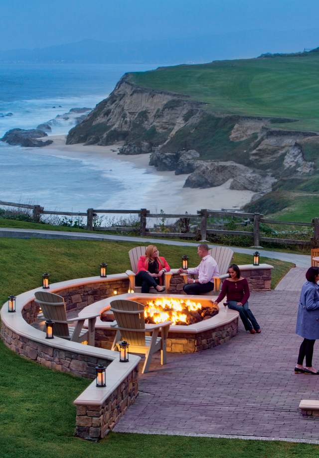 View of the outdoor fireplace at the Ritz Carlton Half Moon Bay Resort.