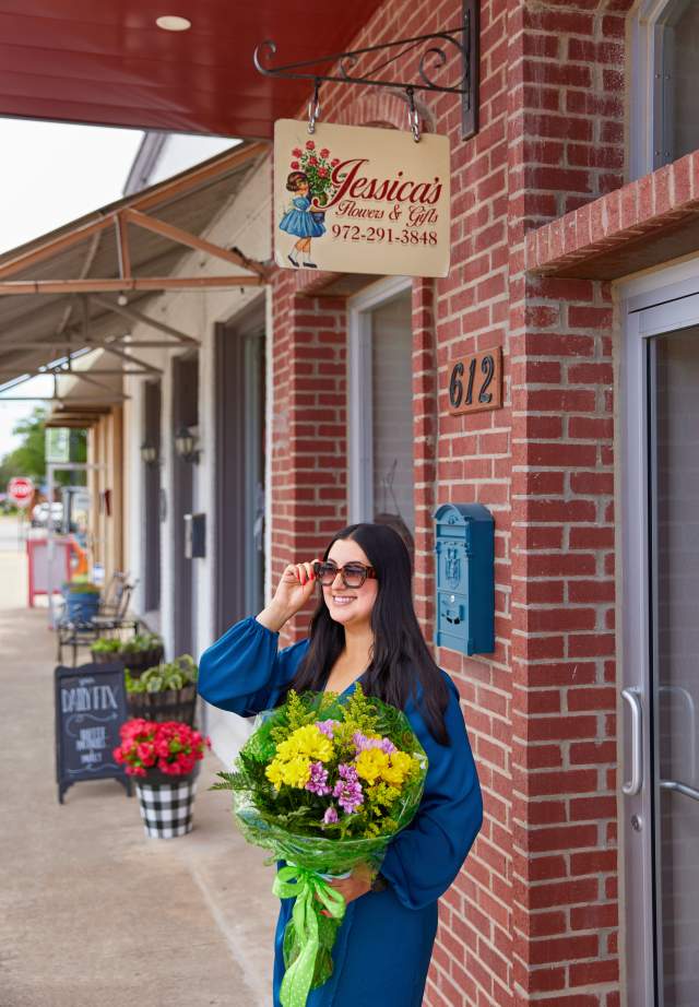 woman with flowers in downtown