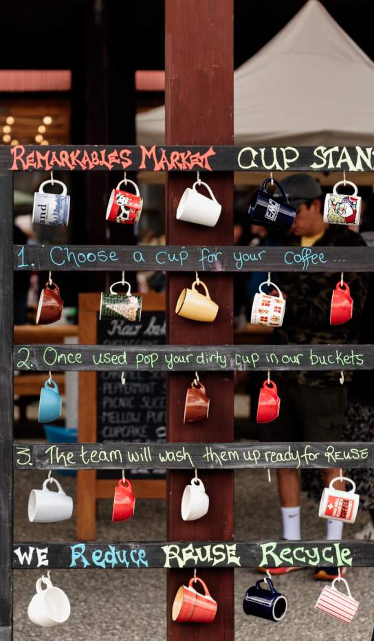 Mugs hanging up in the Mug library, Remarkables Market