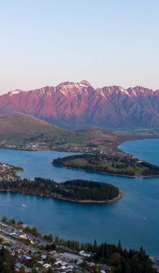 Aerial view of Queenstown at dusk