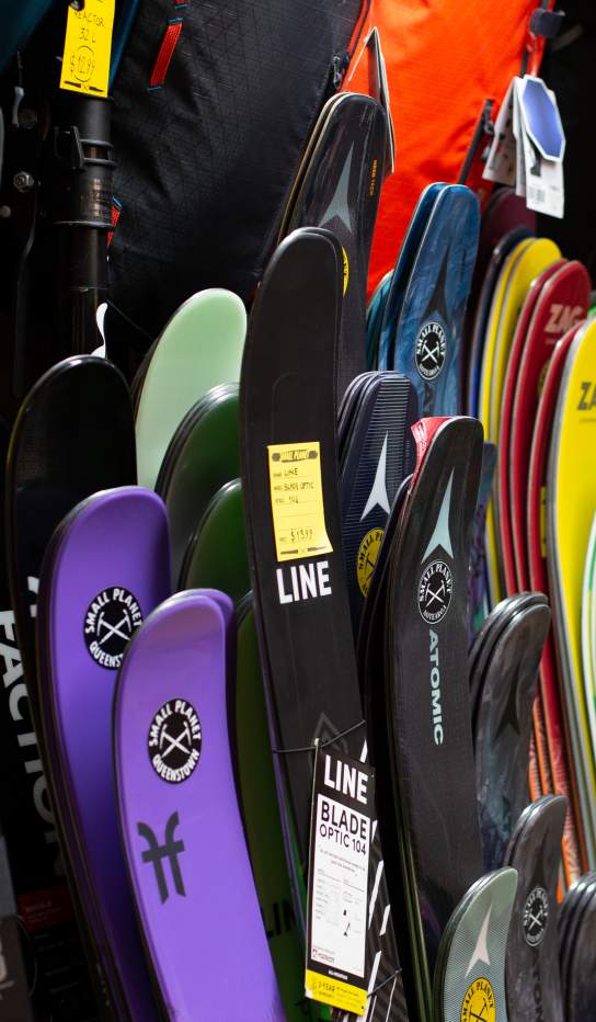 Close up of skis at Small Planet outdoor gear hire