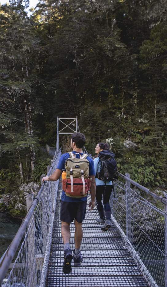 People crossing bridge into native bush at the start of the Routeburn Track