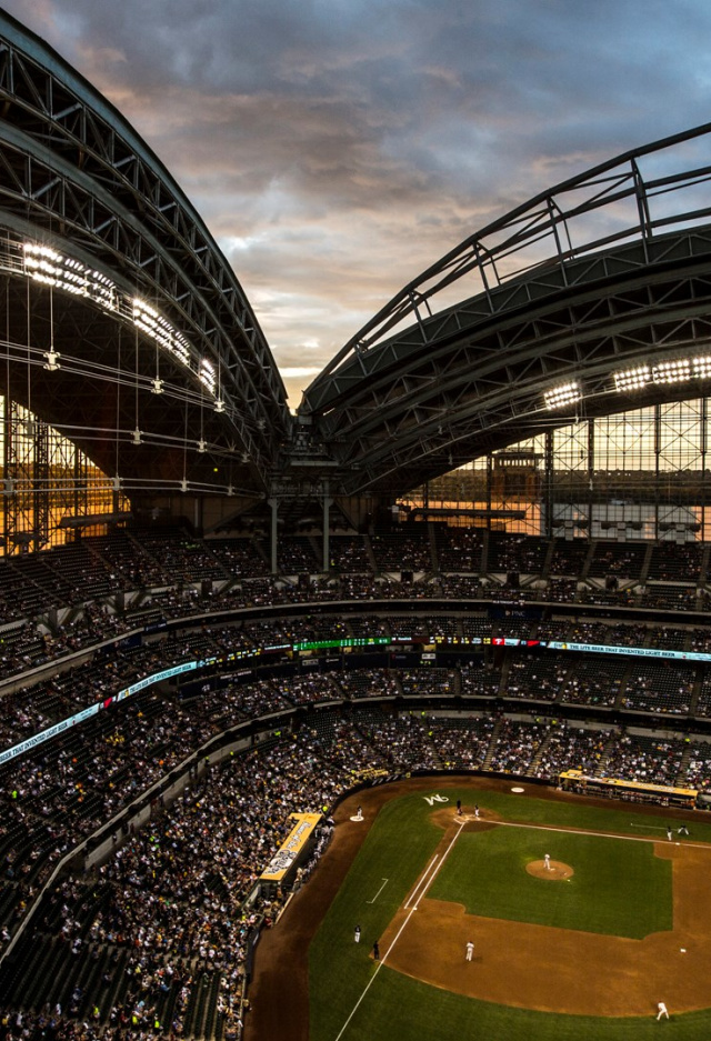 American Family Field with roof open, sunset