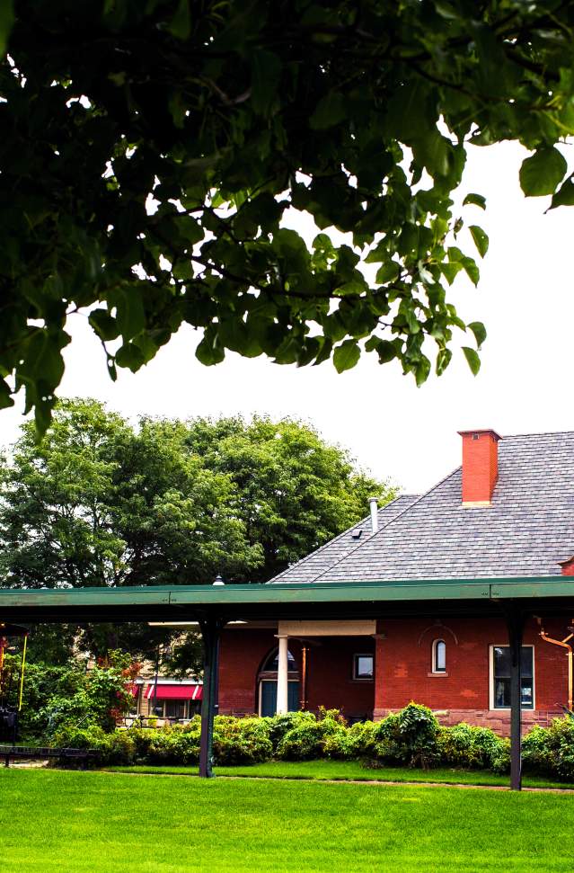 Exterior shot of Union Depot Visitor Center, Richardsonia Romanesque style. National Register of Historic places