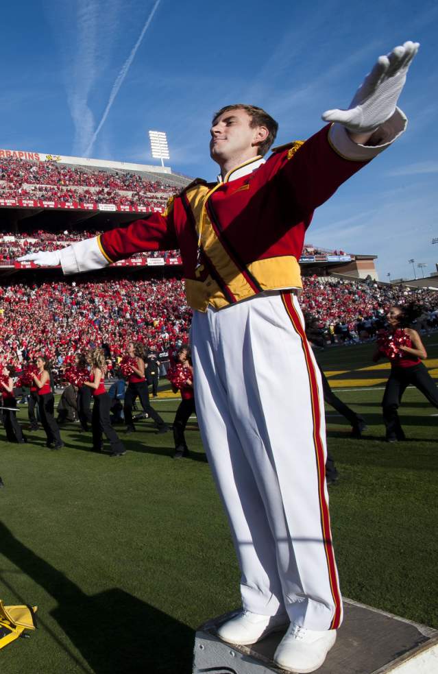 A band leader directs the band at a football game in Prince George's County, Maryland