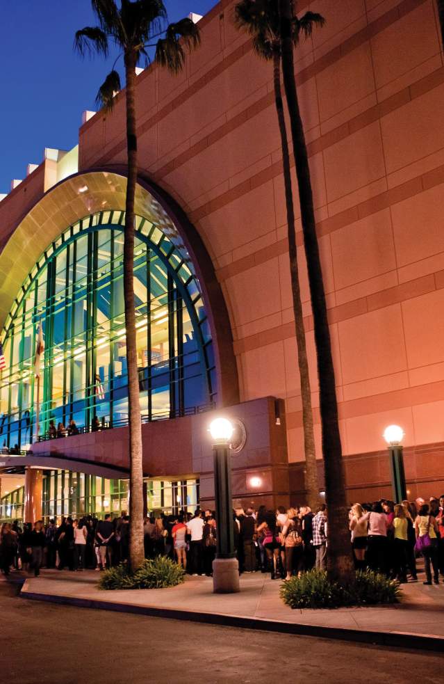 Crowds gathering outside Honda Center for a concert or live entertainment event in Anaheim, CA.