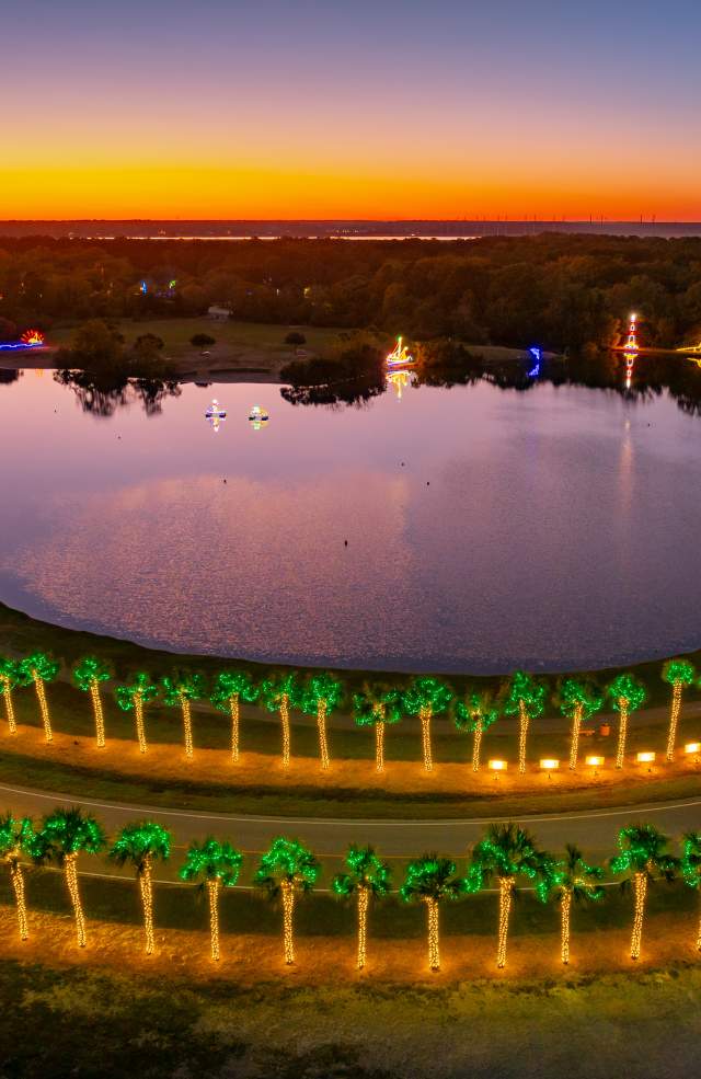 Aerial view of lighted trees at the Holiday Festival of Lights