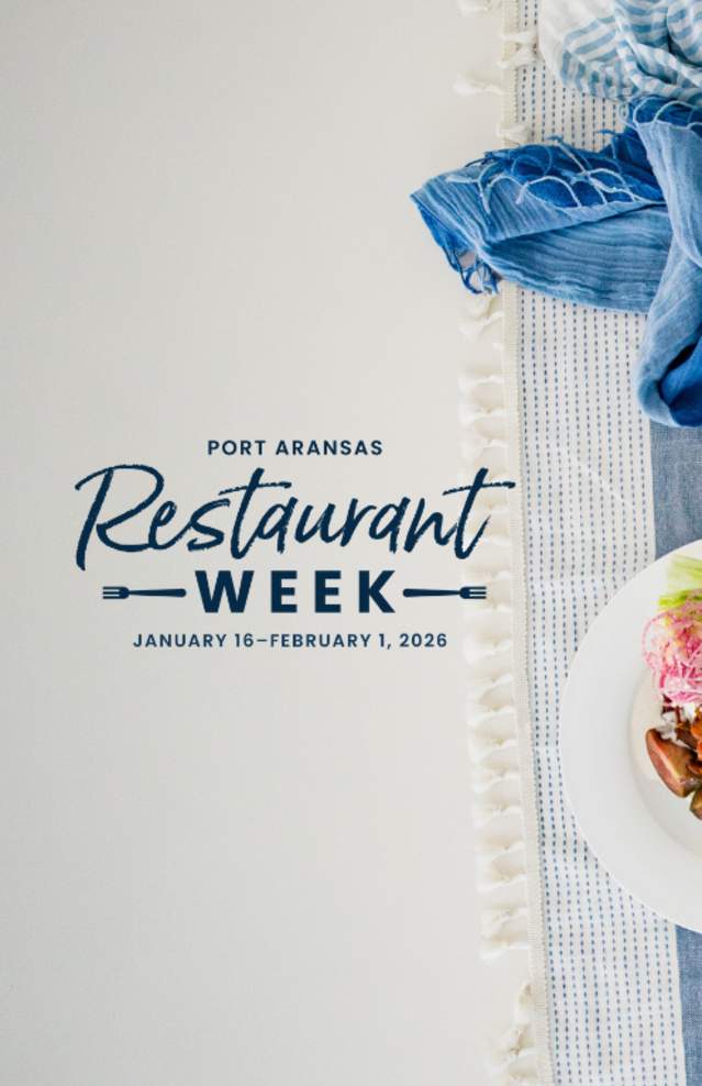 Overhead table of food with a Port Aransas Restaurant Week overlaid on the left