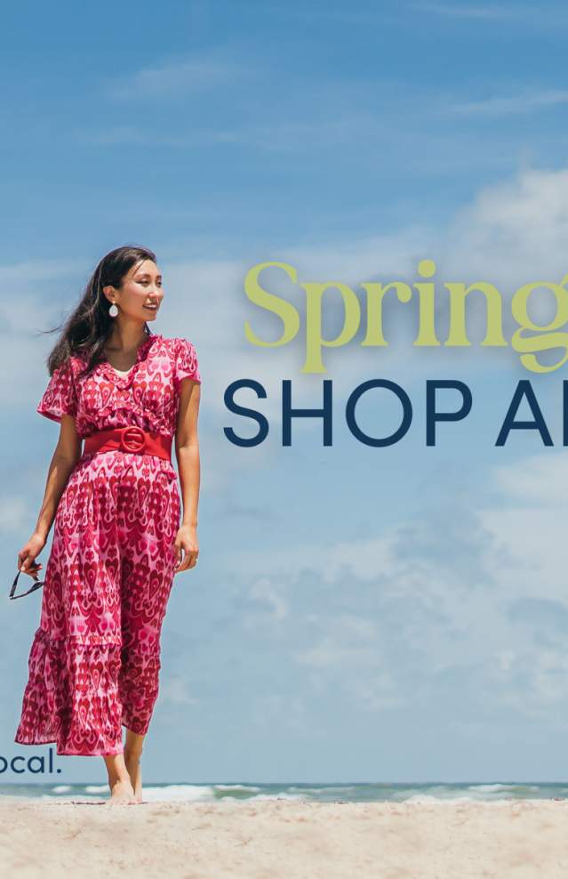 Spring Fling Shop Around 2026 flyer with a woman in a pink dress on a beach.