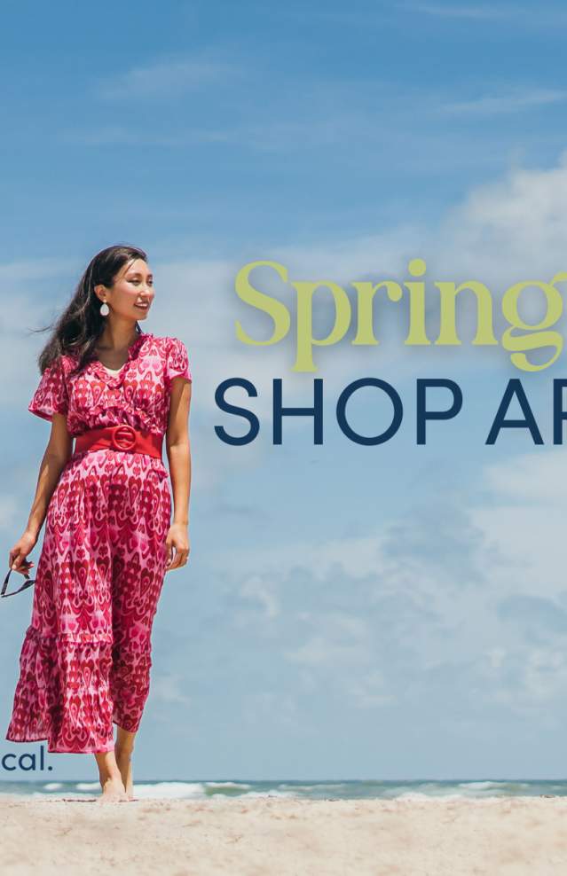 Spring Fling Shop Around 2026 flyer with a woman in a pink dress on a beach.