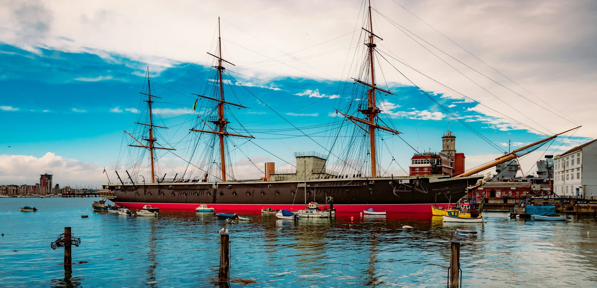 Photograph showing a very vibrant blue sky above HMS Warrior at Portsmouth Historic Dockyard