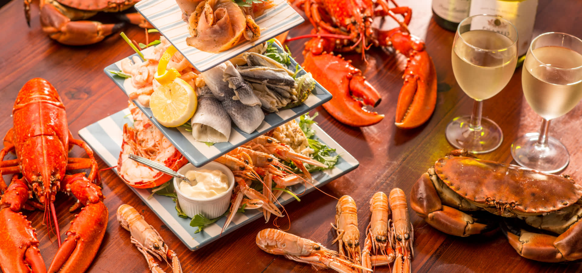 Seafood displayed on a table including Bridlington Bay lobster and crab