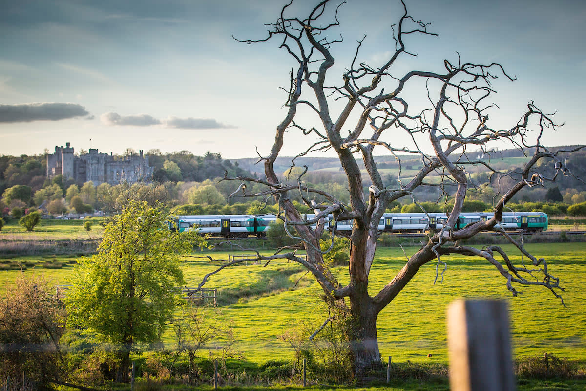 A four carriage train going past Arundel, with the Castle in the background and tress in the foreground