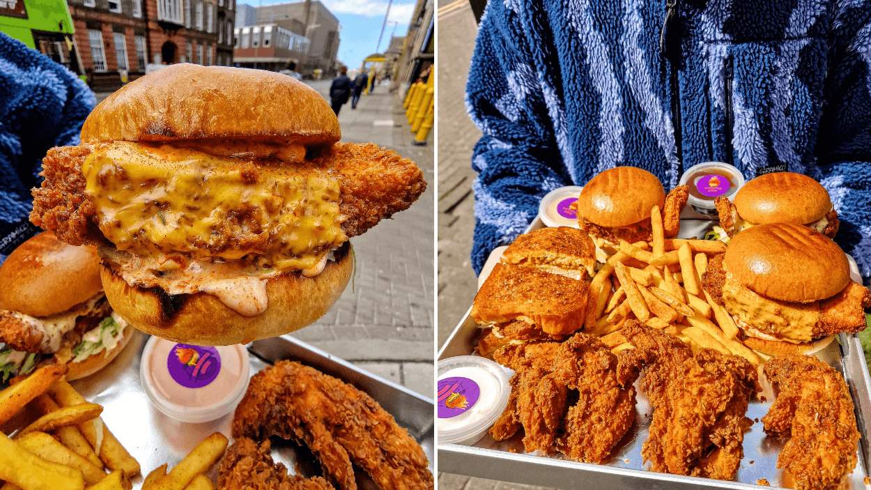 Two photos of burgers and chicken on a try.