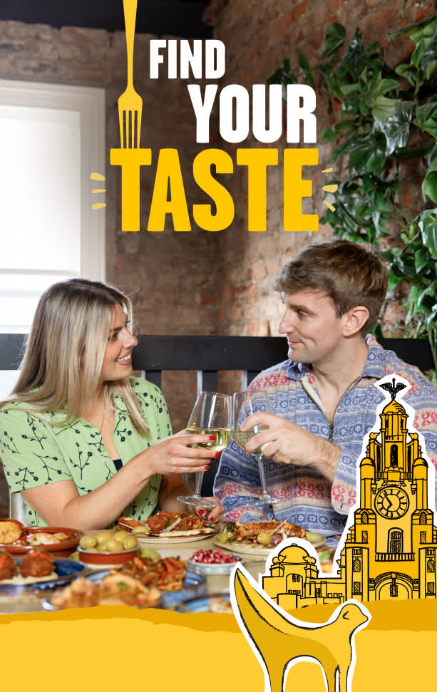Two people do a 'cheers' with two wine glasses alongside a table filled with small plates of food. There is an illustration of a yellow lambanana and the Royal Liver Building.