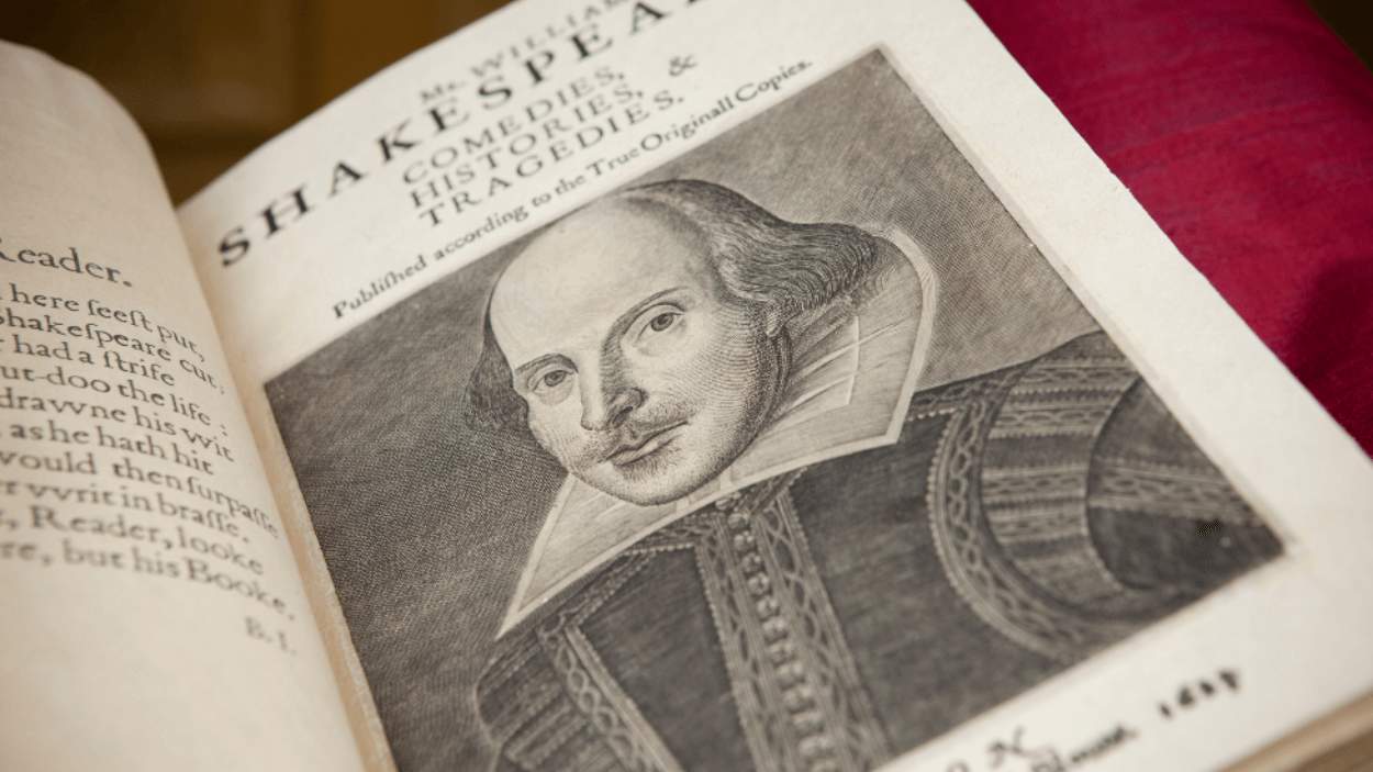 A book with a photo of shakespeare on.