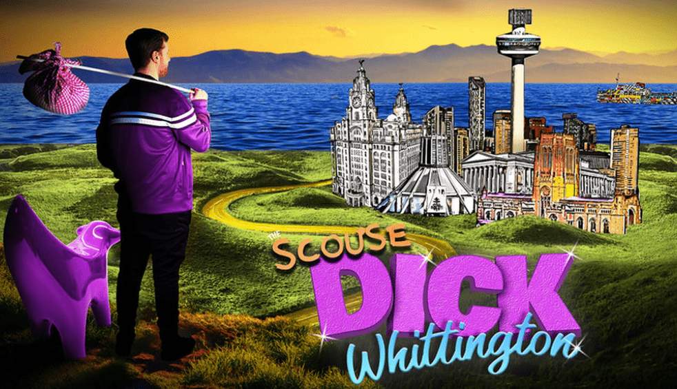 A man with a stick and hanky over his shoulder looking across to Liverpool. There is a purple Lambanana next to him and the words 'Scouse Dick Whittington' on the image.