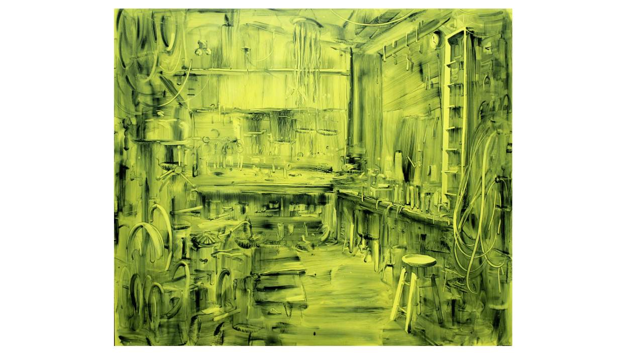 A painting in all green tones called Light Industry by Graham Crowley