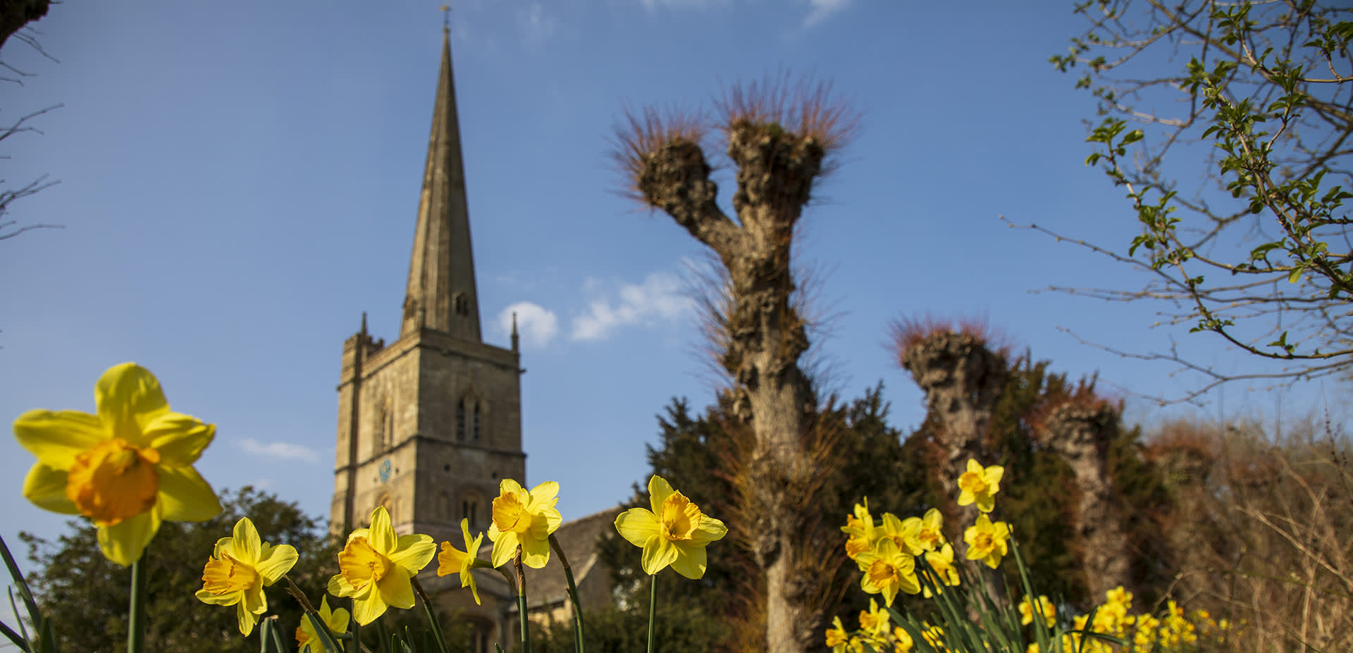 View of Burford church with daffodils in the foreground