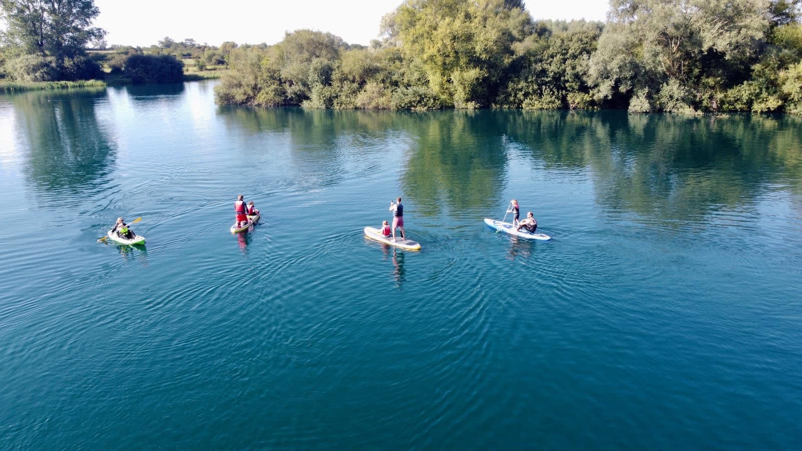 Four people paddleboard on a lake surrounded by trees
