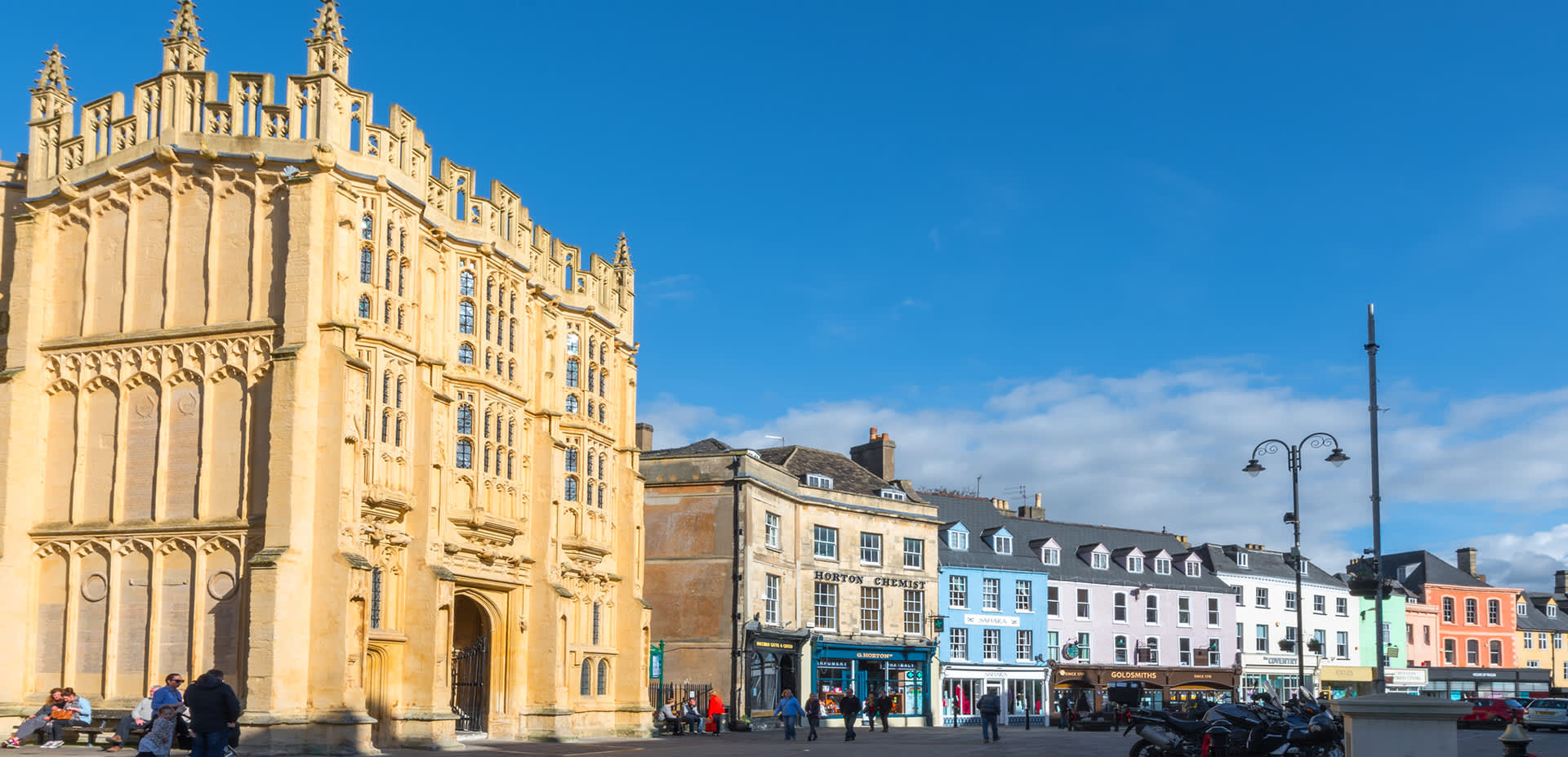 View of Market Place in Cirencester in late Autumn sunlight