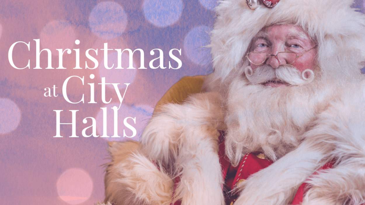 An image of father christmas with 'Christmas at City Halls.'