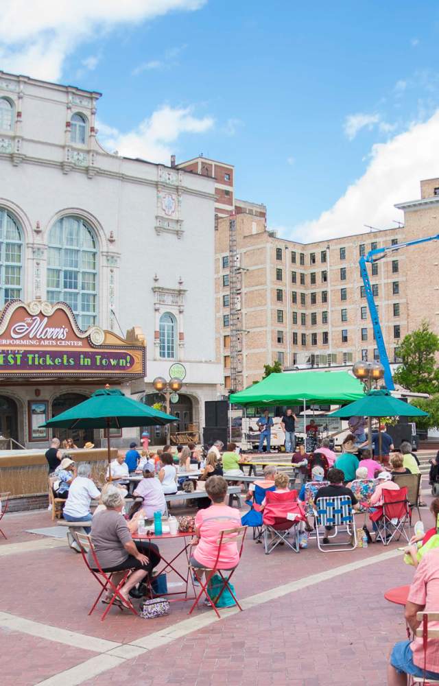 Fridays by the Fountain event outside the Morris Performing Arts Center in the summer