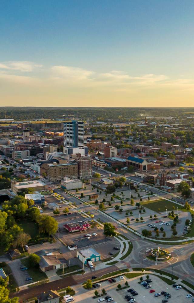 An aerial shot of downtown South Bend