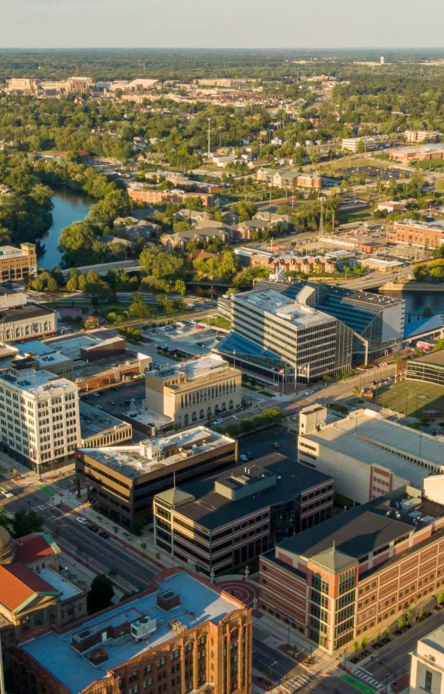 Aerial shot of South Bend and the University of Notre Dame in the distance
