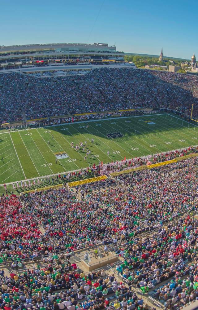 An aerial view of Notre Dame football stadium on gameday