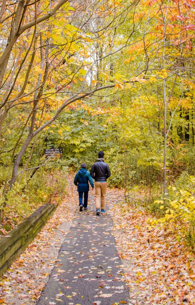Two people hike down a path at Spicer Lake Nature Preserve with autumn foliage around them