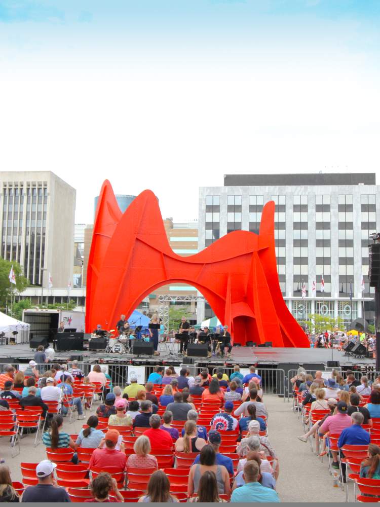 Calder Plaza is home to many festivals and community events throughout the year, including the African American Art & Musical Festival. Here the plaza is part of the Festival of the Arts.