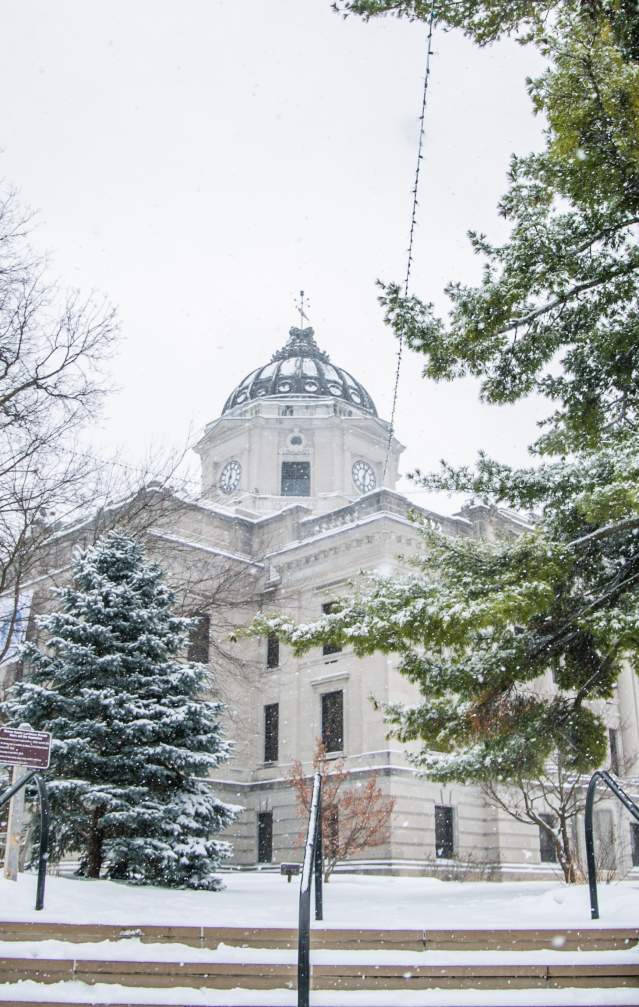 The Monroe County Courthouse covered in snow