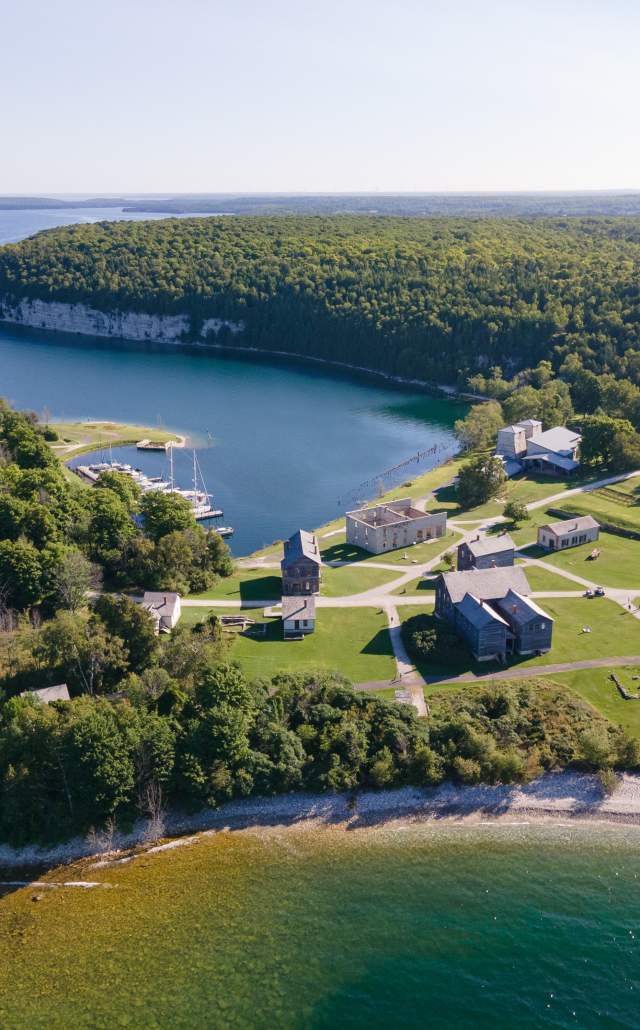 Aerial image of Fayette Historic State Park, located in the Upper Peninsula of Michigan