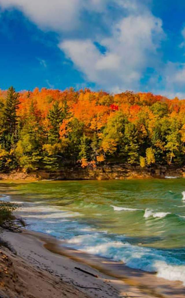 Pictured Rocks National Lakeshore in the fall, located in the Upper Peninsula of Michigan.