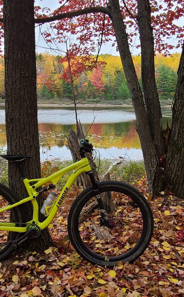 Mountain bike on a trail during fall in the Upper Peninsula of Michigan.