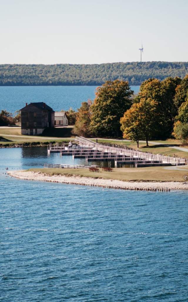 Overlooking Fayette Historic State Park & Townsite from across the water during fall in the Upper Peninsula